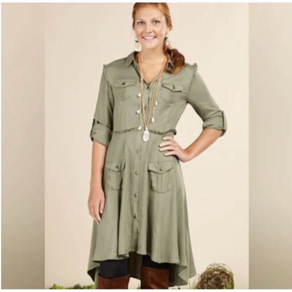 Matilda Jane Adult Dress Medium Mom Green Tree Canopy Utility Military Ruffles - Picture 2 of 10